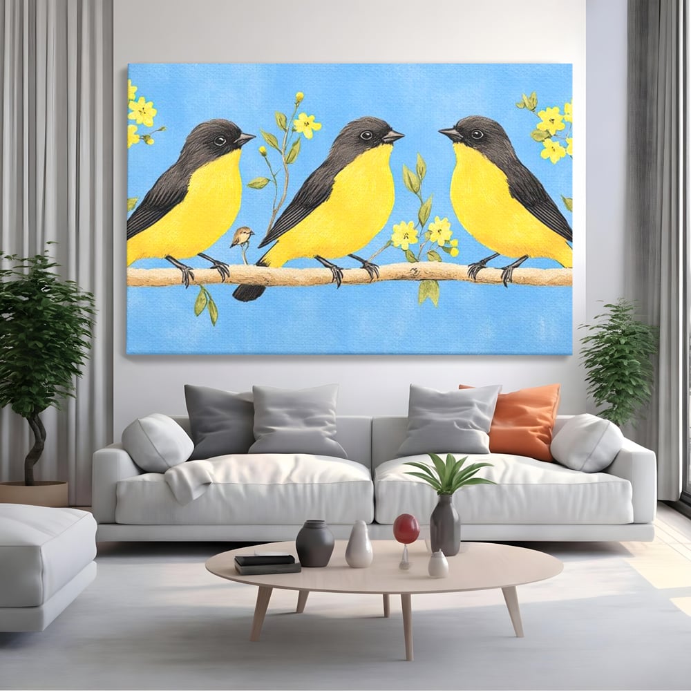 Tablou canvas cu tablou canvas cu trei pasari pe ramura, fara rama, pe sasiu de lemn, pe perete intr-un living